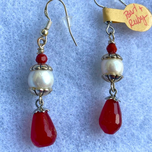 Natural Red Ruby & White Cultured Pearl Earrings - Picture 1 of 3